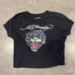 Vintage Y2K Ed Hardy Christian Audigier Black Lion Graphic Multicolor Crop Tee L